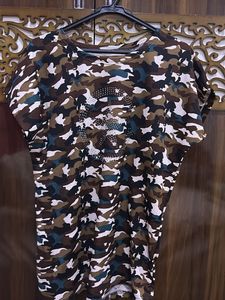 Camouflage Print T-Shirt with Embellished Detail