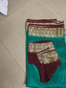 Beautiful Teal Saree with Goldenborder and blouse