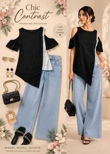 S, and M size Chic Contrast Cold Shoulder Top
