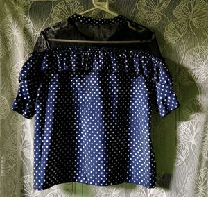 Navy Polka Dot Ruffle Top
