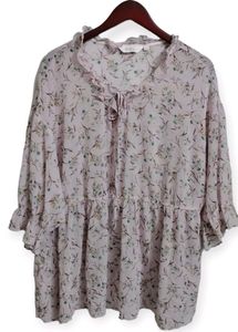 Floral Ruffle Trim Tie Neck Top