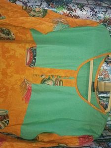 Vibrant Yellow &amp; Teal Printed Kurta