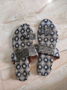 Embroidered Ethnic Sandals with Silver Embellishme