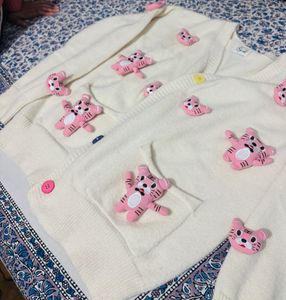 Cute Cream Cardigan with Pink Tiger Appliques