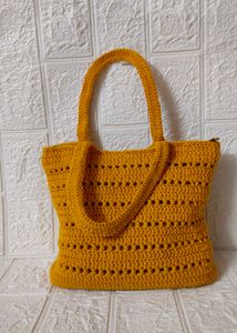 Handmade Crochet Tote Bag - Mustard Yellow