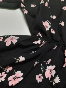 Black Floral Print A-Line Dress