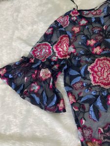 Zara Sheer Floral Embroidered Bell Sleeve Top