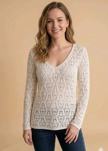 Cream Textured V-Neck Long Sleeve Kitted Top