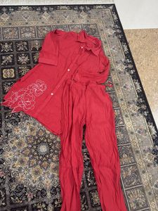 Red Kurta Set with Floral Embroidery