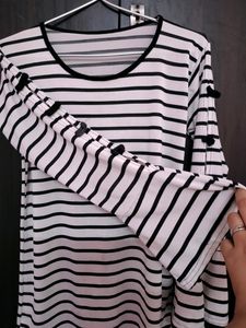 Black And White Striped Top With Cut Out Sleeves