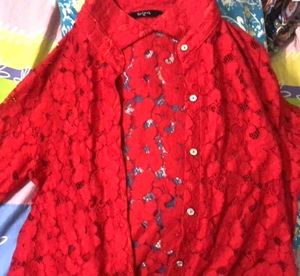 Red Lace Button-Down Shirt