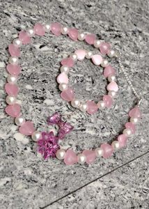 Pink Heart Charm Necklace &amp; Bracelet Set