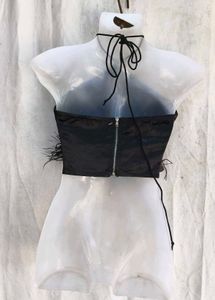 Satin Halter Top with Feather Trim