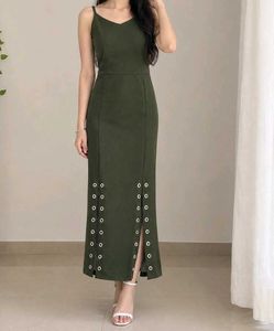 Olive Green Eyelet Detail Midi Dress