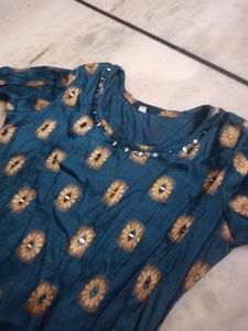 Blue Mirror Work Medium Size Long Kurti, Mid Sleev