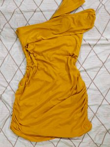 Mustard One-Shoulder Ruched Dress