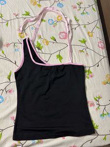 Chic Black One-Shoulder Top with Pink Ribbons