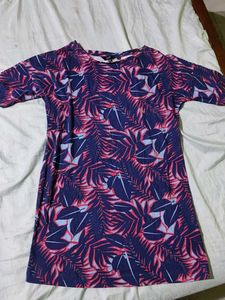 Tropical Leaf Print Navy Dress