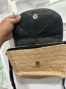 Straw &amp; Faux Leather Crossbody Bag
