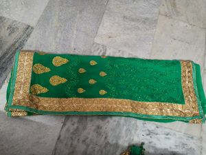 Emerald Green &amp; Gold Embellished Saree