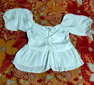 White Puff Sleeve Tie-Up Peplum Top