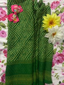 Green &amp; Yellow Leheriya Saree