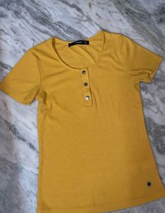Mustard Yellow Ribbed Henley T-Shirt