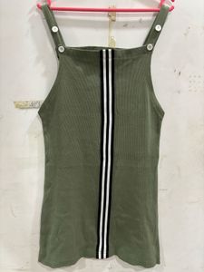 Olive Green Stripe Overalls Dress