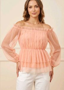 Peach Off-Shoulder Tulle Top