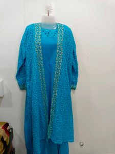 Elegant Blue Kurta Set with Lace Jacket 2pc XL