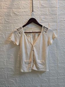 Cream Crochet Detail Button-Up Top