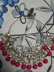 Indian Oxidized Silver Nose Ring with Pink Beads