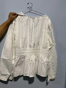 Gap White V-Neck Smocked Waist Blouse