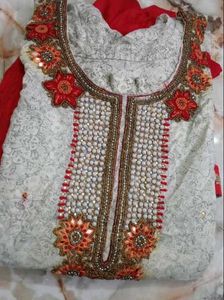 Embellished Kurta Set with Red Palazzo