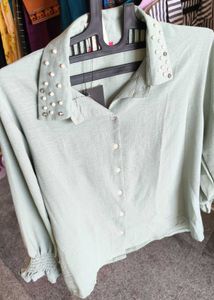 Chic Pearl Embellished Collared Blouse