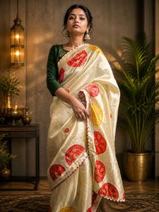 Elegant Cream Saree with Red Motifs