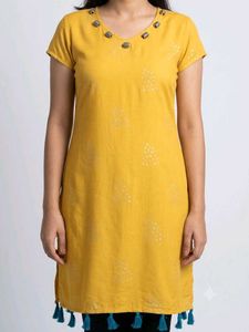☀️ Yellow Printed Kurta with Embellished Neckline