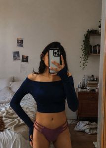 Navy Off-Shoulder Ribbed Long Sleeve Top