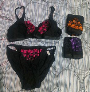 Black Embroidered Lingerie Set- 3 Floral colours
