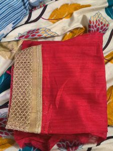 Vibrant Red Saree with Golden Border