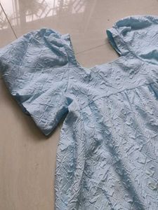 Light Blue Textured Puff Sleeve Dress