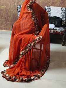 Elegant Orange Embroidered Saree