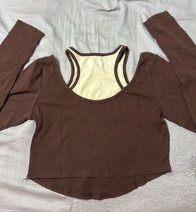 Brown Cold Shoulder Layered Long Sleeve Top