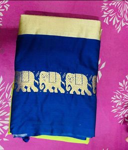 Elegant Blue Saree with Gold Elephant Border