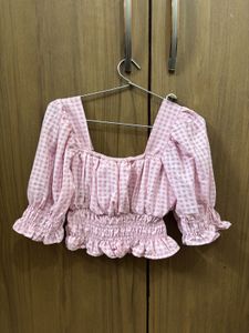 Cute Pink Gingham Puff Sleeve Top