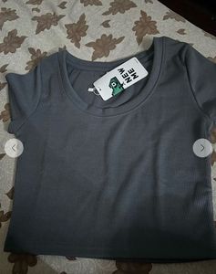 Grey Cropped Ribbed T-Shirt