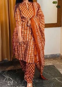 Orange Kurta Set with White Print