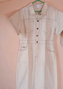 Cream Denim Button-Up Midi Dress