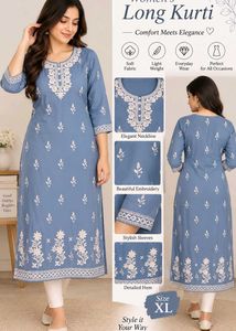 Elegant Blue Embroidered Long Kurti
