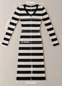 BLACK AND WHITE STRIPED RIBBED V-NECK BODYCON MIDI
